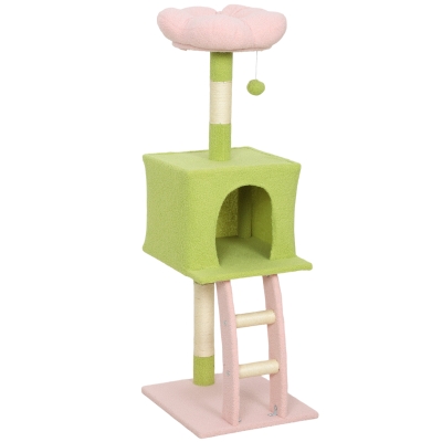 PawHut 48" Flower Cat Tree with Scratching Post, Cozy Bed, Condo, Climbing Ladder, Perch, Dangling Ball, Green