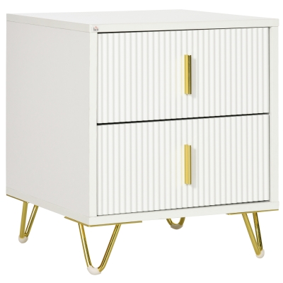 HOMCOM Bedside Table, Modern Nightstand with 2 Drawers, Side End Table with Metal Legs for Living Room, Bedroom, White