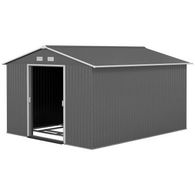 Outsunny 9' x 10.6' Garden Storage Shed w/ Foundation Kit Metal Tool Storage House w/ Double Doors Light Grey