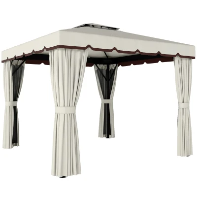 Outsunny 10' x 10' Outdoor Patio Gazebo Double Soft-top Garden Shelter Tent with Curtains, & Mesh Screen Drapes, Cream White