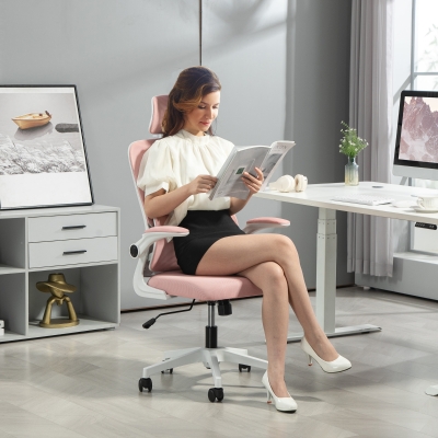 Vinsetto High Back Office Chair, Mesh Computer Desk Chair with Rotatable Headrest, Lumbar Back Support, Adjustable Height, Pink