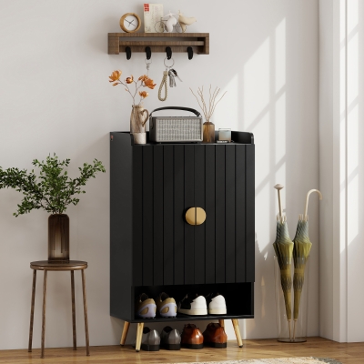 HOMCOM Entryway Shoe Storage Cabinet, Narrow Shoe Cabinet with Adjustable Shelves and Open Shelf for 15 Pairs of Shoes, Black