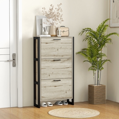 HOMCOM Shoe Cabinet with 3 Flip Drawer, Narrow Slim Shoe Storage Cabinet for 15 Pairs, Walnut