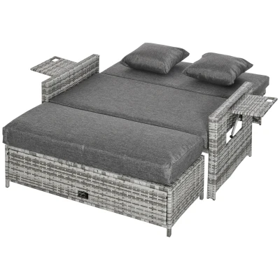 Outsunny 2 Piece Rattan Outdoor Daybed, 2 Seater Sofa Set with Footstool, Storage, Cushions and Pillows for Garden, Patio, Grey