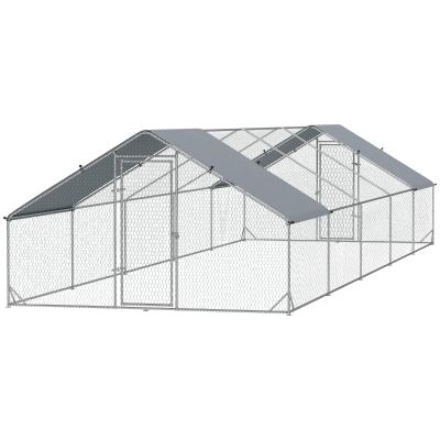 PawHut Metal Chicken Coop with Water- and UV-Protection Cover for Backyard Hen, Duck, Rabbit, 9.8' x 32.8' x 6.4'
