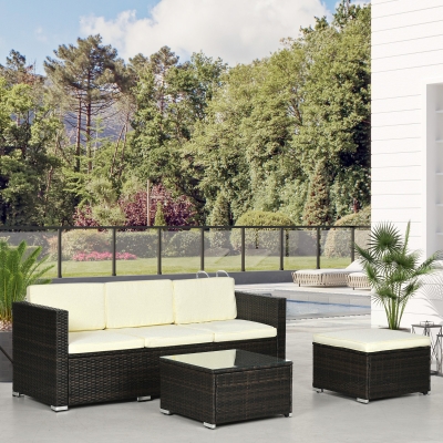 Outsunny 3 Pieces Patio Furniture Set with Cushions, Outdoor PE Rattan Wicker Conversation Corner Sofa Set with Glass Top Table and Adjustable Foot for Garden, Lawn, Cream White