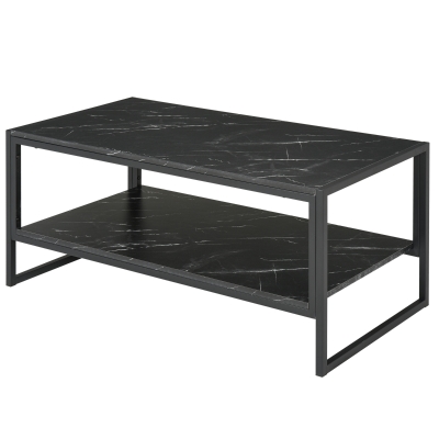 HOMCOM 2-Tier Coffee Table with Storage Shelf, Cocktail Table with Marble Textured Table Top, for Living Room Bedroom Dorm, Black