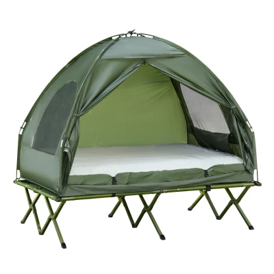Outsunny All in 1 Camping Combo Portable Folding Camping Tent Cot Air Mattress w/ Carry Bag and Pump Hiking Shelter Sleeping Bed Dark Green