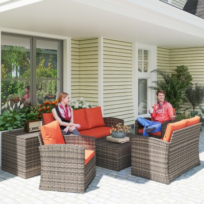 Outsunny 6 Pieces Wicker Patio Furniture Set with Cushions, 7-Seater Rattan Patio Sofa Set with Storage Table, Orange