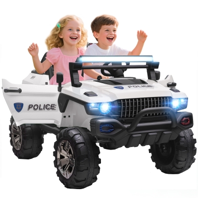 Aosom Kids 2 Seater Ride-On Car Police Truck Electric with LED Lights & MP3 for Kids White