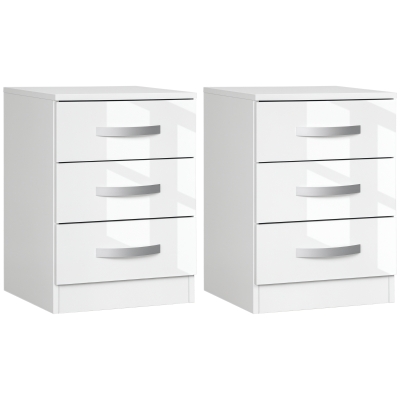 HOMCOM Modern Nightstand Set of 2, Bedside Tables with 3 High Gloss Drawers for Bedroom, White