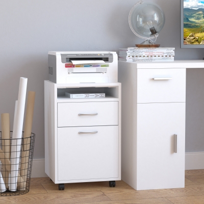 HOMCOM 24" Small Filing Cabinet with Open Compartment, Drawer and Wheels, Home Office Storage Cabinet, White