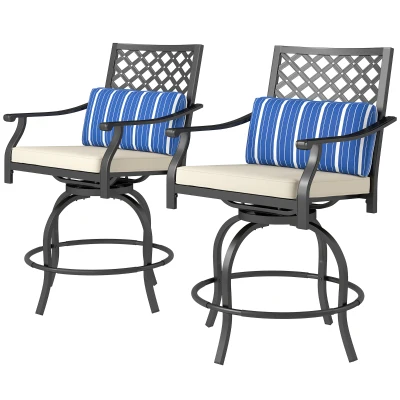 Outsunny Outdoor Bar Stools Set of 2, Bar Height Swivel Patio Chairs with Cushion, Pillow Footrest for Poolside, Backyard