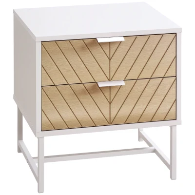 HOMCOM Modern Bedside Table with 2 Drawers and Steel Frame, Sofa Side Table for Bedroom Living Room, White and Oak