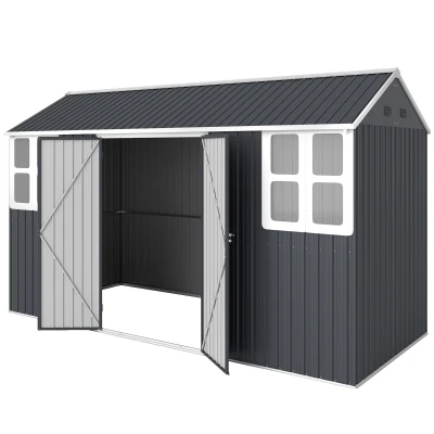 Outsunny 12' x 5.5' Metal Garden Storage Shed, Outdoor Tool Storage House with Lockable Door, Vents, Sloped Roof, Dark Grey