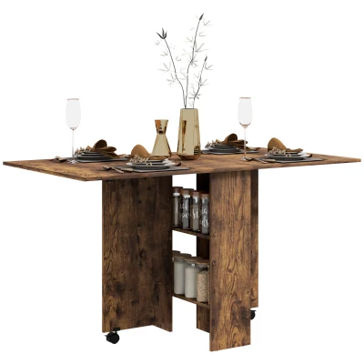 HOMCOM Extendable Dining Table, Collapsible Folding Table w/ 2-tier Shelves and Rolling Casters, Rustic Brown