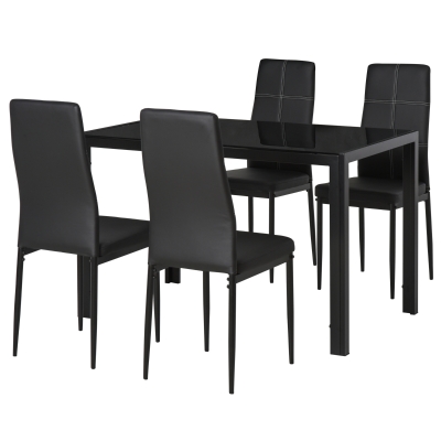 HOMCOM 5-Piece Rectangular Glass Kitchen Table and Chairs with Metal Frame and Faux Leather Upholstery for Dining Room, Black