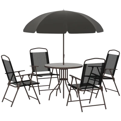 Outsunny 6 Pieces Outdoor Dining Set for 4 with Umbrella Patio Outdoor Furniture Set with Round Table 4 Folding Chairs Black