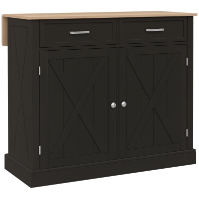 HOMCOM Kitchen Island with Drop Leaf, Rolling Kitchen Cart with 2 Drawers, Adjustable Shelves and Wood Countertop, Black