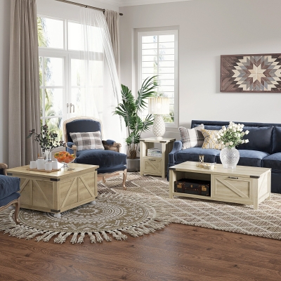 HOMCOM Farmhouse Coffee Table, Square Center Table with Flip-top Lids, Hidden Storage Compartment and Wooden Legs, Oak