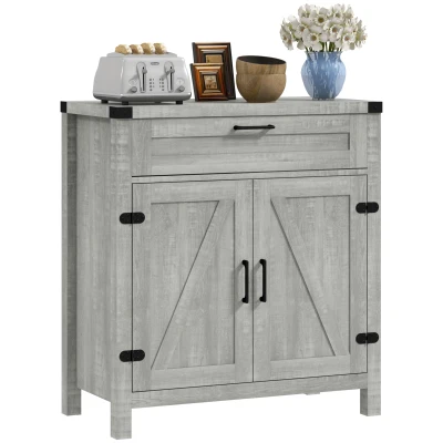 HOMCOM Farmhouse Kitchen Storage Cabinet, Sideboard Buffet Cabinet with 2 Rustic Barn Doors and Drawer, Grey