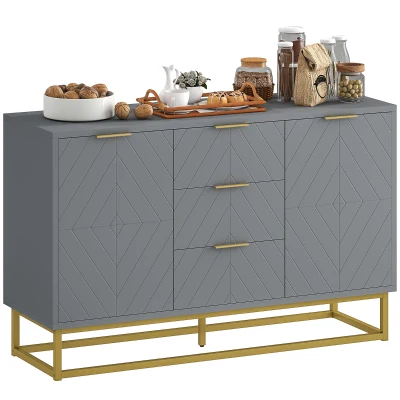 HOMCOM Sideboard Storage Cabinet with 3 Drawers, Adjustable Shelves and Doors, Kitchen Buffet Cabinet for Dining Room, Grey