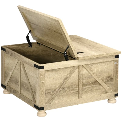 HOMCOM Farmhouse Coffee Table, Square Center Table with Flip-top Lids, Hidden Storage Compartment and Wooden Legs, Oak