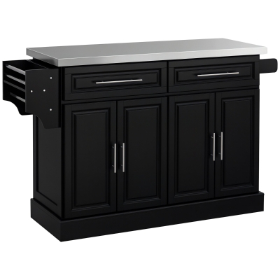 HOMCOM Rolling Kitchen Island with Storage and Stainless Steel Top, Kitchen Trolley with Drawers, Cabinets, Towel Rack