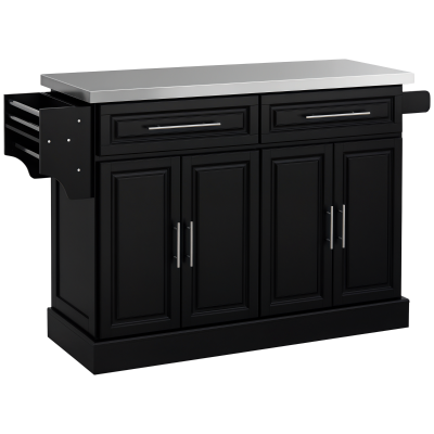 HOMCOM Rolling Kitchen Island with Storage and Stainless Steel Top, Kitchen Trolley with Drawers, Cabinets, Towel Rack