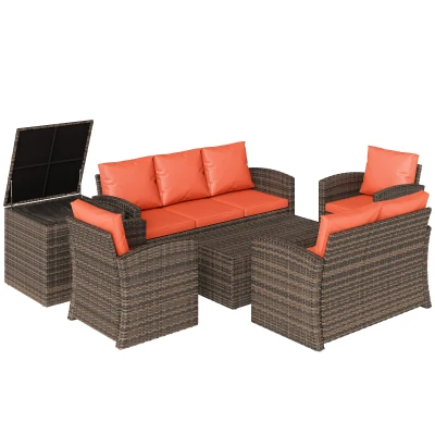 Outsunny 6 Pieces Wicker Patio Furniture Set with Cushions, 7-Seater Rattan Patio Sofa Set with Storage Table, Orange