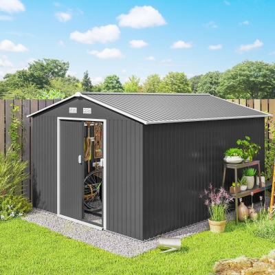 Outsunny 9' x 10.6' Garden Storage Shed w/ Foundation Kit Metal Tool Storage House w/ Double Doors Light Grey