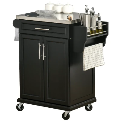 HOMCOM Kitchen Island with Stainless Steel Top, Rolling Kitchen Cart on Wheels with Storage Drawer, Cabinet, Towel Rack and Spice Rack (Black)