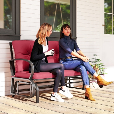 Outsunny 2-Person Outdoor Glider Chair, Patio Double Rocking Loveseat with Steel Frame and Cushions for Backyard, Garden and Porch, Red