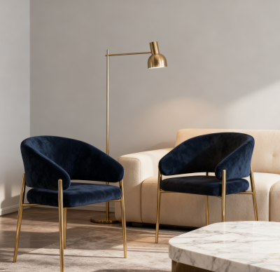 Set of 2 Modern Dining Chairs with Metal Frame for Long-Lasting Use, Fabric Upholstered with Curved Backrest, 24" L x 22" W x 31.5" H, Blue