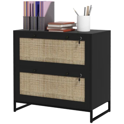 Vinsetto 2-Drawer Filing Cabinet with Lock, Rattan File Cabinet with Adjustable Hanging Bar, Black