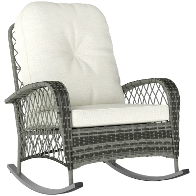 Outsunny Rattan Rocking Chair, Outdoor Wicker Patio Rocker Chair Furniture with Thick Cushions, for Garden Backyard Porch, Khaki