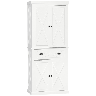 HOMCOM 72.5" Kitchen Pantry Cabinet, Freestanding Storage Cabinet with 4 Doors, Drawer and Adjustable Shelves, White