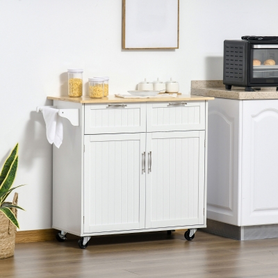 HOMCOM Rolling Kitchen Island with Storage Drawers, Kitchen Cart with Rubber Wood Top, Cabinet & Towel Rack, White