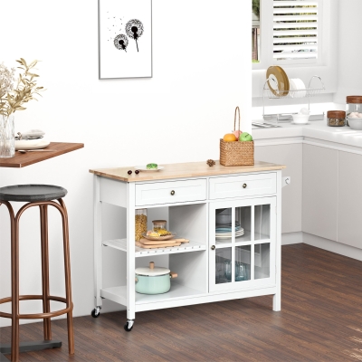 HOMCOM Kitchen Cart on Wheels, Utility Storage Island with Rubber Wood Top, Towel Rack, Cabinets, Drawers, White