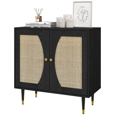 HOMCOM Boho Buffet Cabinet with Adjustable Shelf and Rattan Decorated Doors, TV Cabinet for TV up to 42 Inches, Black