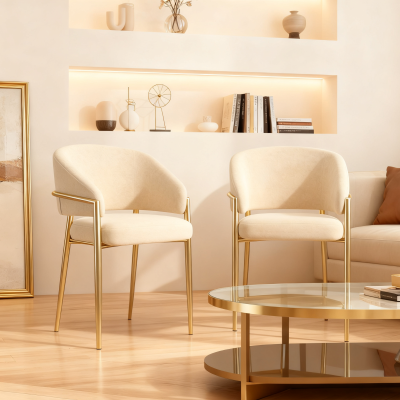 Set of 2 Modern Dining Chairs with Metal Frame for Long-Lasting Use, Fabric Upholstered with Curved Backrest, 24" L x 22" W x 31.5" H, Beige