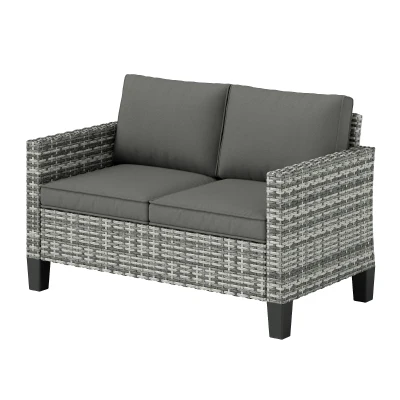 Outsunny 2 Seater Rattan Outdoor Sofa, Patio Couch Loveseat with Cushions and Armrests for Garden, Balcony, Dark Grey