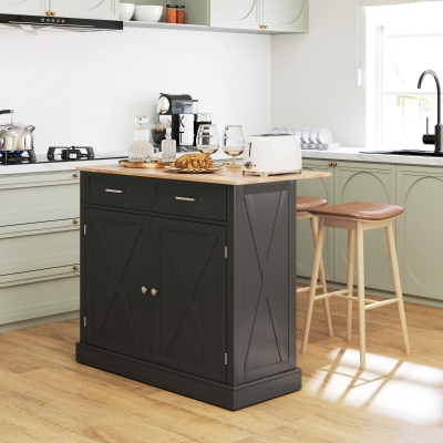 HOMCOM Kitchen Island with Drop Leaf, Rolling Kitchen Cart with 2 Drawers, Adjustable Shelves and Wood Countertop, Black