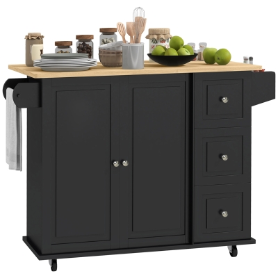 HOMCOM Kitchen Island on Wheels, Kitchen Cart with Drop Leaf, Drawers, Black