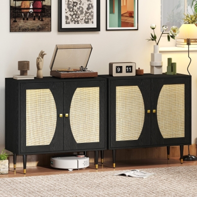 HOMCOM Boho Buffet Cabinet with Adjustable Shelf and Rattan Decorated Doors, TV Cabinet for TV up to 42 Inches, Black
