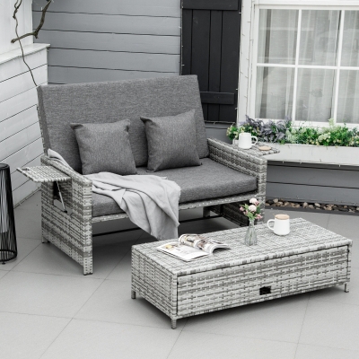 Outsunny 2 Piece Rattan Outdoor Daybed, 2 Seater Sofa Set with Footstool, Storage, Cushions and Pillows for Garden, Patio, Grey