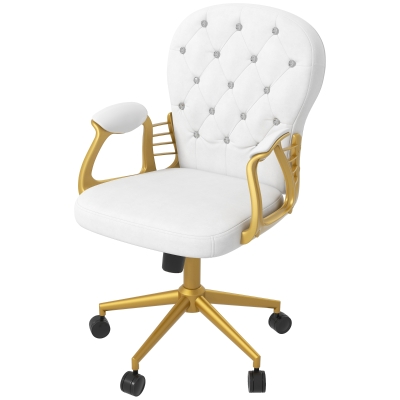 Vinsetto Velvet Office Desk Chair Button Tufted Vanity Chair with Swivel Wheels, Adjustable Height and Tilt Function, Cream White