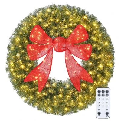 HOMCOM 36in Pre-Lit Christmas Wreath with 3D Red Bow, 11 Lighting Modes, Front Door Christmas Wreath with Remote