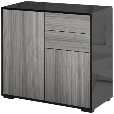 HOMCOM High Gloss Buffet Sideboard with 2 Drawers, 2 Doors and Adjustable Shelf, Kitchen Storage Cabinet with Push Open Design, Grey and Black