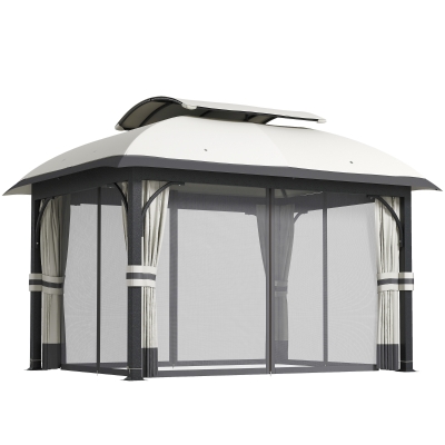 Outsunny 11' x 13' Patio Gazebo, Double Roof Outdoor Gazebo Canopy with Netting & Curtains, Galvanized Metal Frame, Light Grey